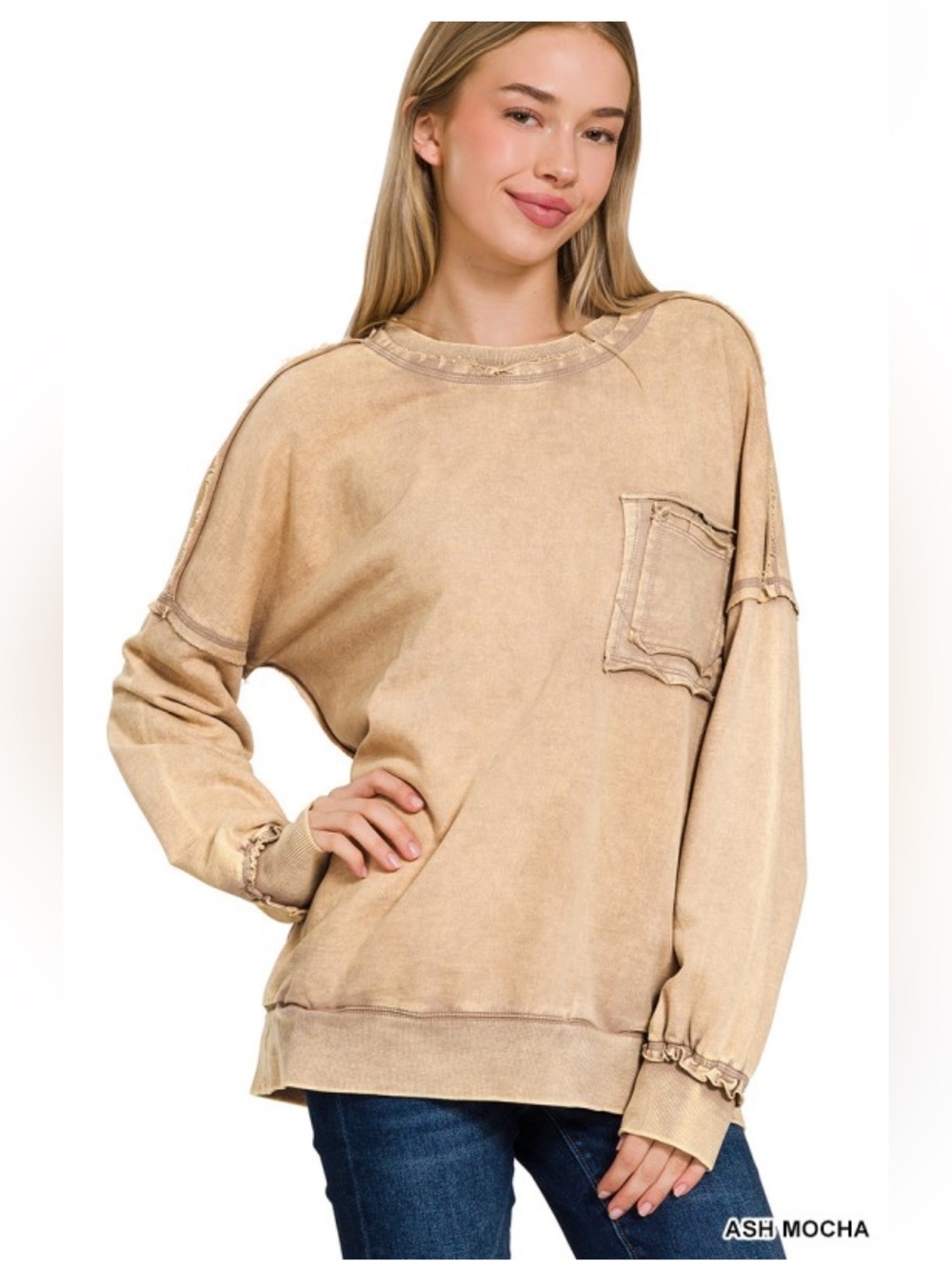 Zenana Ash Mocha French Terry Cotton Acid Wash Long Sleeve Sweatshirt